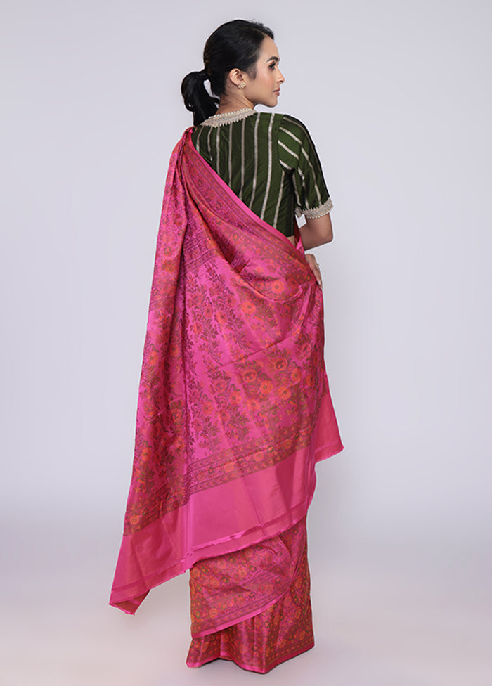 Pink Handloom Jamewar Pure Silk Saree With Blouse Piece