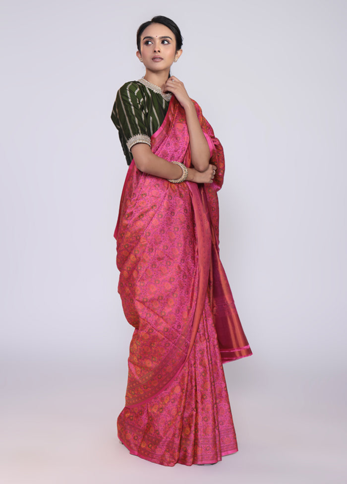 Pink Handloom Jamewar Pure Silk Saree With Blouse Piece