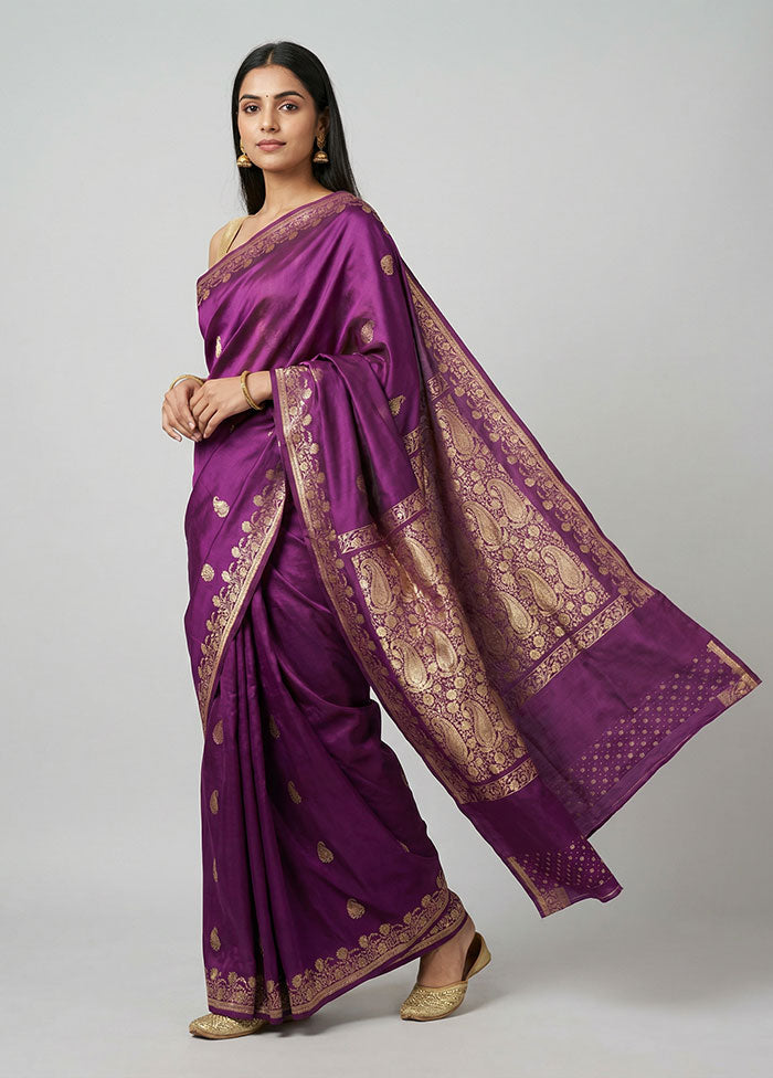 Purple Handloom Banarasi Pure Silk Saree With Blouse Piece
