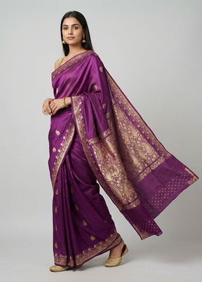 Purple Handloom Banarasi Pure Silk Saree With Blouse Piece