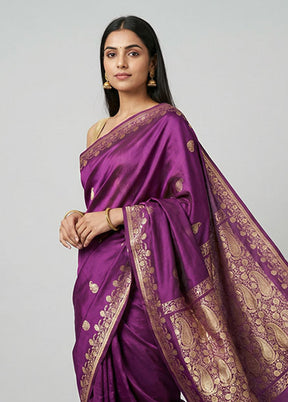 Purple Handloom Banarasi Pure Silk Saree With Blouse Piece