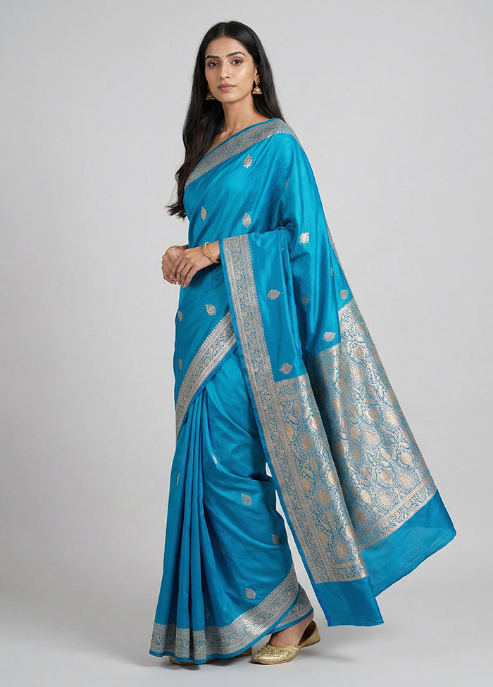 Blue Handloom Banarasi Pure Silk Saree With Blouse Piece