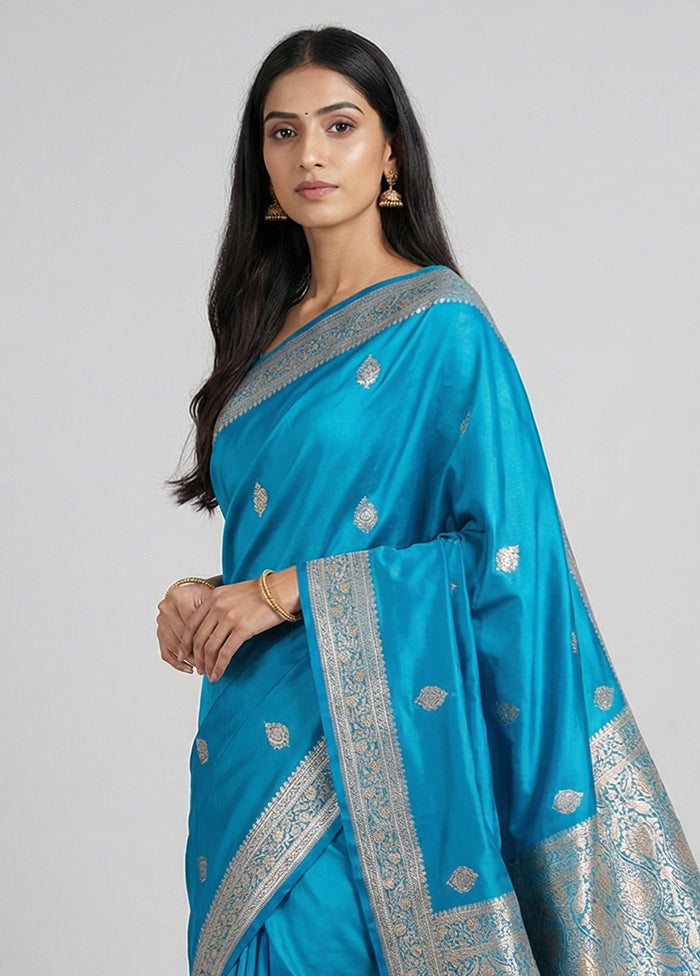 Blue Handloom Banarasi Pure Silk Saree With Blouse Piece