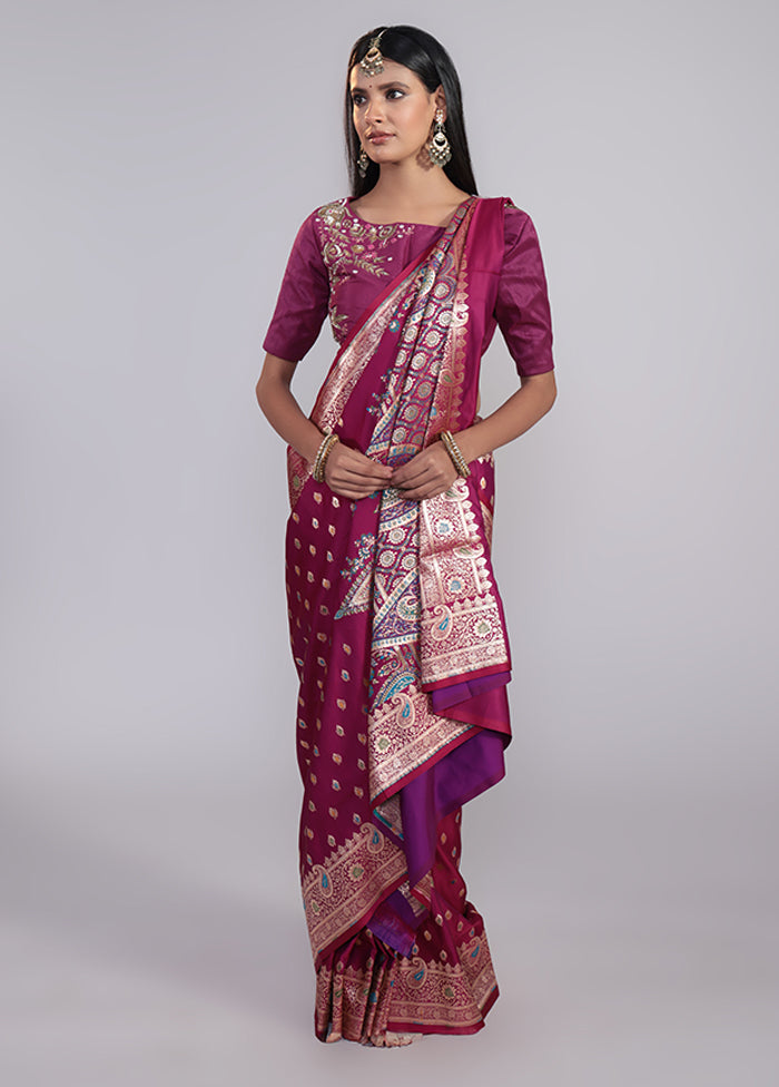 Purple Handloom Banarasi Pure Silk Saree With Blouse Piece