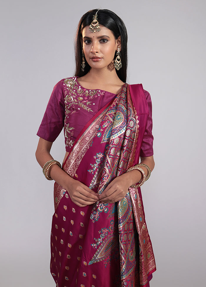 Purple Handloom Banarasi Pure Silk Saree With Blouse Piece
