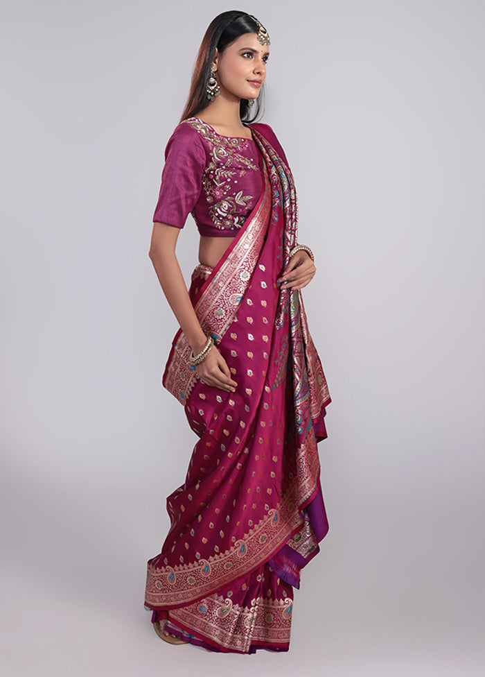 Purple Handloom Banarasi Pure Silk Saree With Blouse Piece