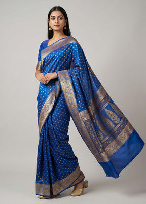 Blue Handloom Banarasi Pure Silk Saree With Blouse Piece