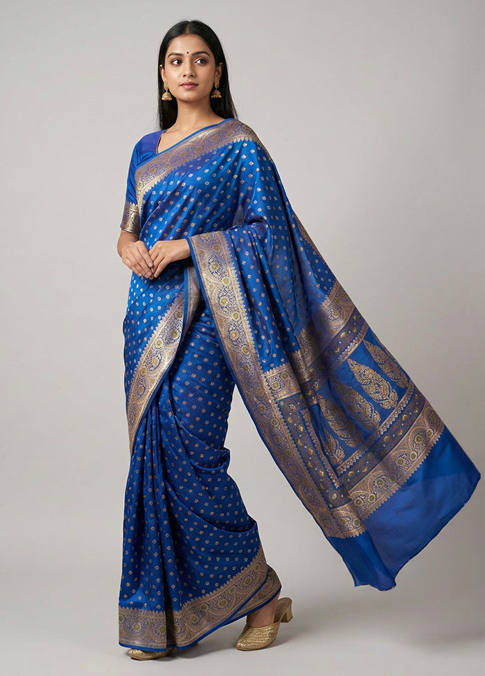 Blue Handloom Banarasi Pure Silk Saree With Blouse Piece