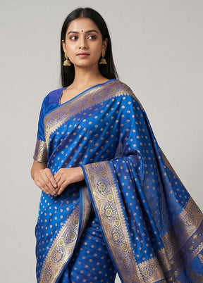Blue Handloom Banarasi Pure Silk Saree With Blouse Piece