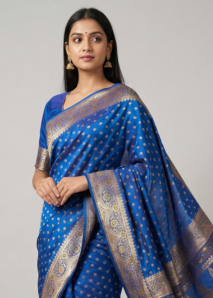 Blue Handloom Banarasi Pure Silk Saree With Blouse Piece