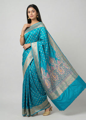Blue Handloom Banarasi Pure Silk Saree With Blouse Piece
