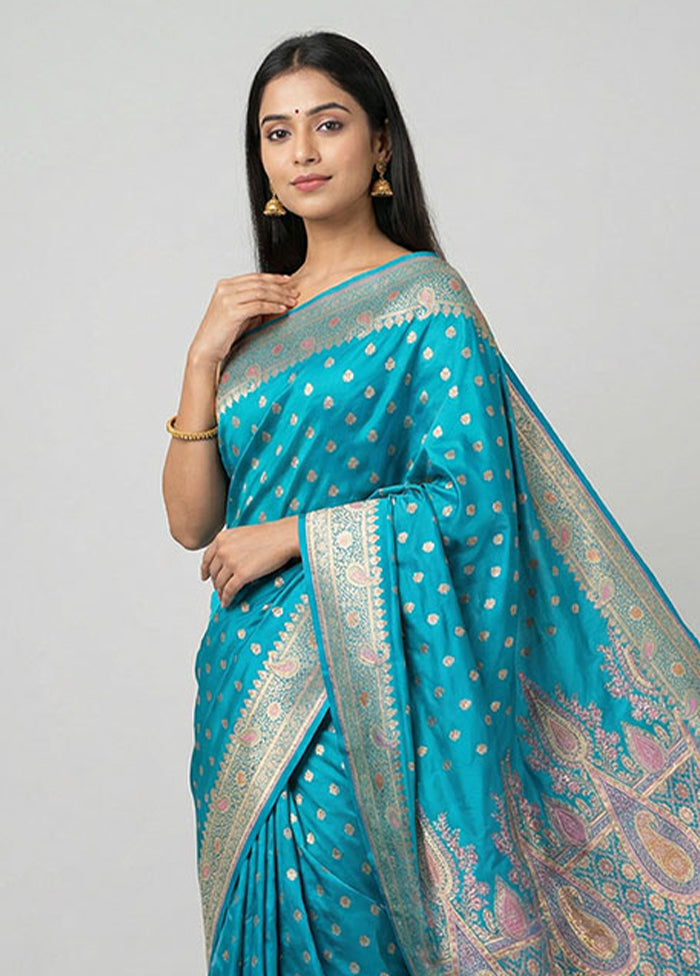 Blue Handloom Banarasi Pure Silk Saree With Blouse Piece
