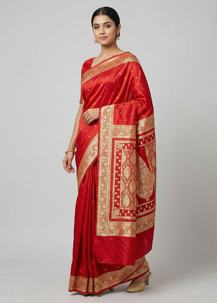 Red Banarasi Silk Saree With Blouse Piece