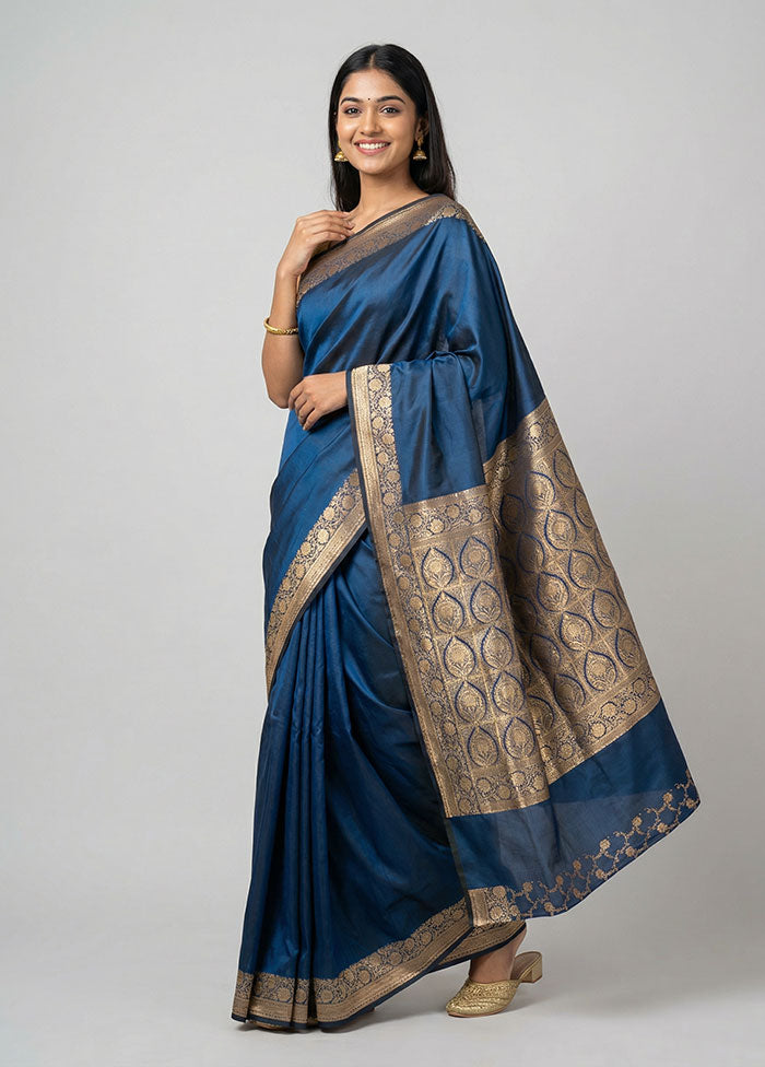 Blue Banarasi Silk Saree With Blouse Piece