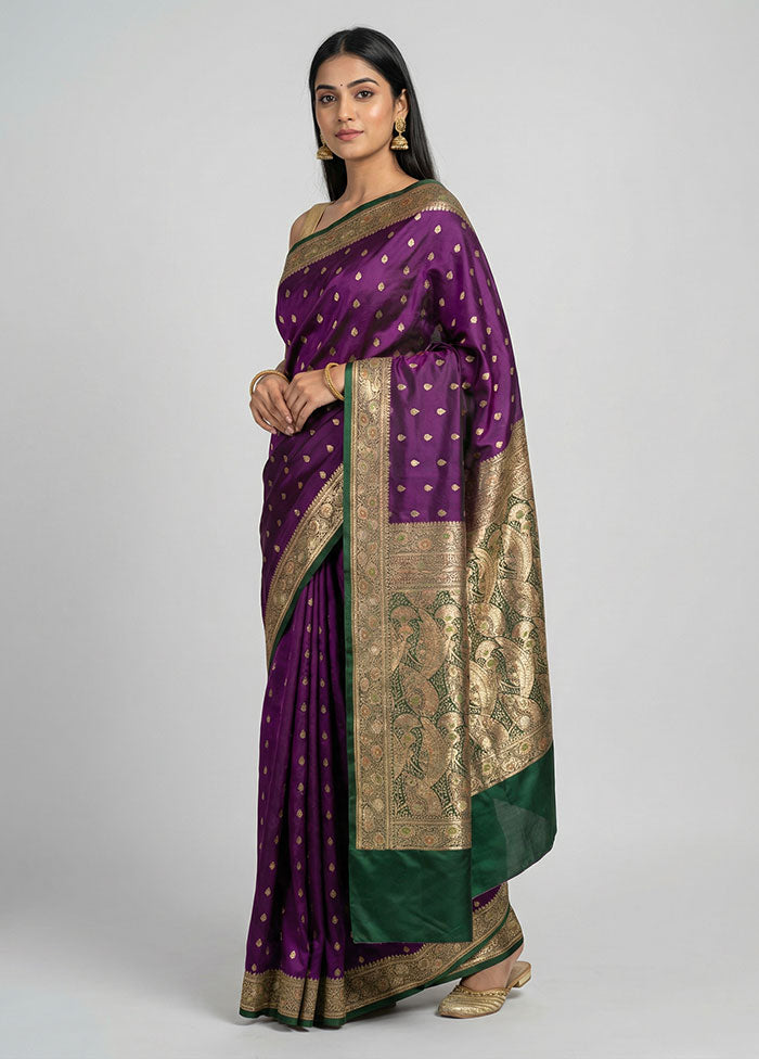 Purple Handloom Banarasi Pure Silk Saree With Blouse Piece