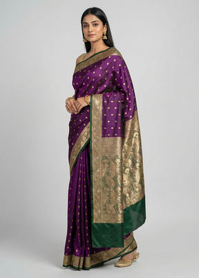 Purple Handloom Banarasi Pure Silk Saree With Blouse Piece
