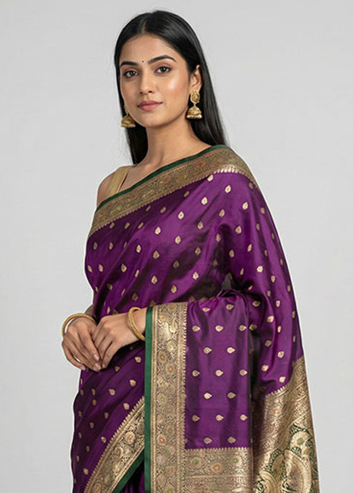 Purple Handloom Banarasi Pure Silk Saree With Blouse Piece