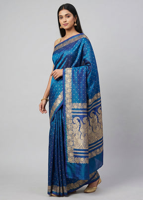 Blue Handloom Banarasi Pure Silk Saree With Blouse Piece