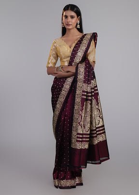 Maroon Handloom Banarasi Pure Silk Saree With Blouse Piece