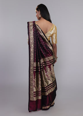Maroon Handloom Banarasi Pure Silk Saree With Blouse Piece