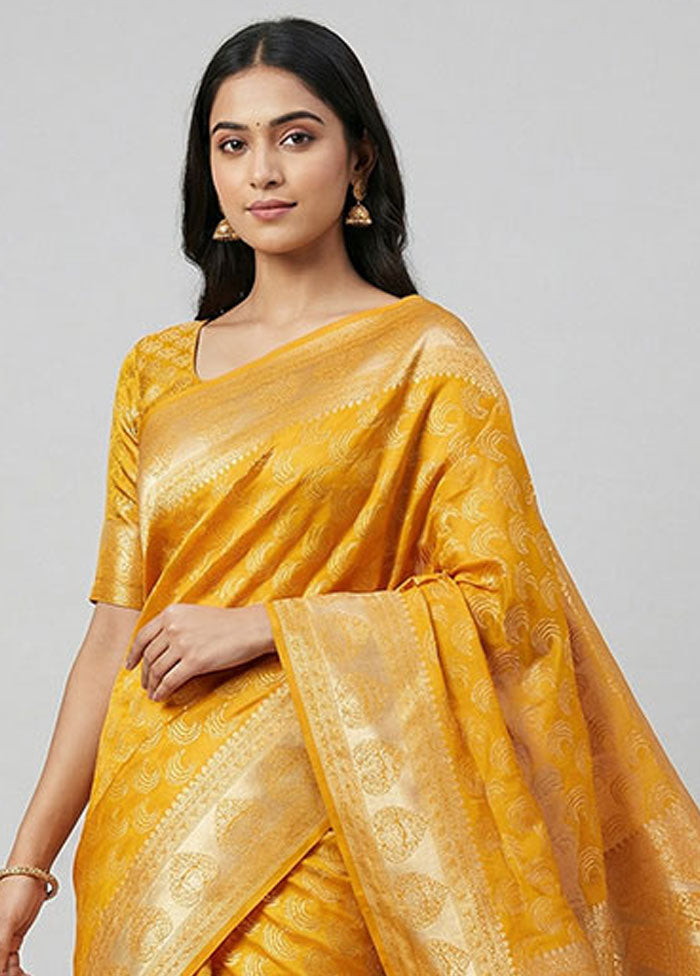Yellow Dupion Silk Saree With Blouse Piece