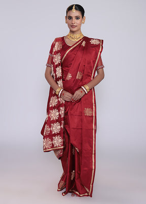 Maroon Handloom Katan Pure Silk Saree With Blouse Piece