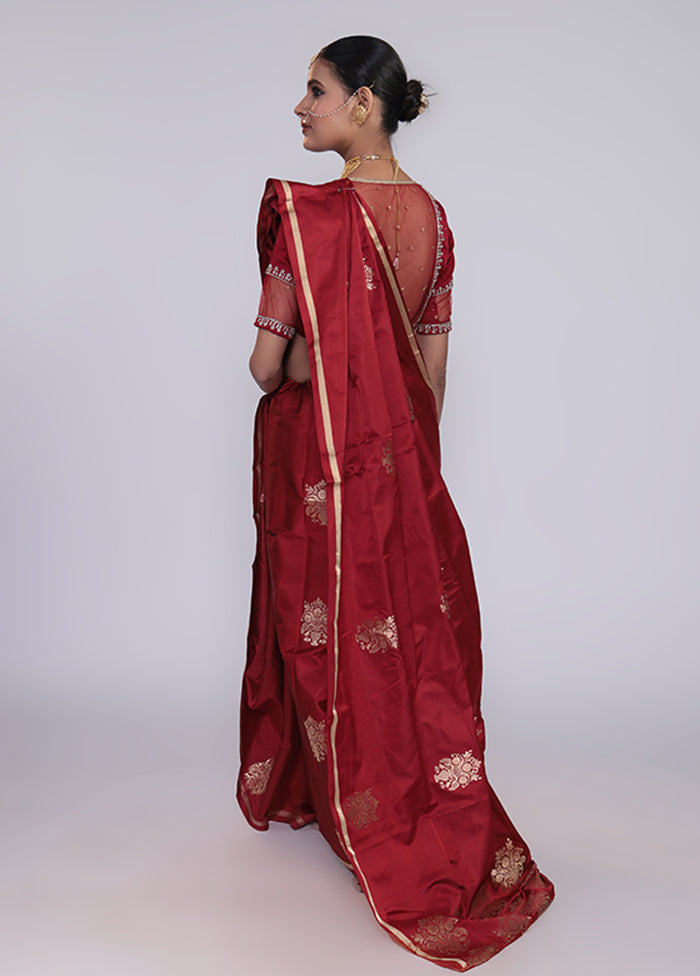 Maroon Handloom Katan Pure Silk Saree With Blouse Piece