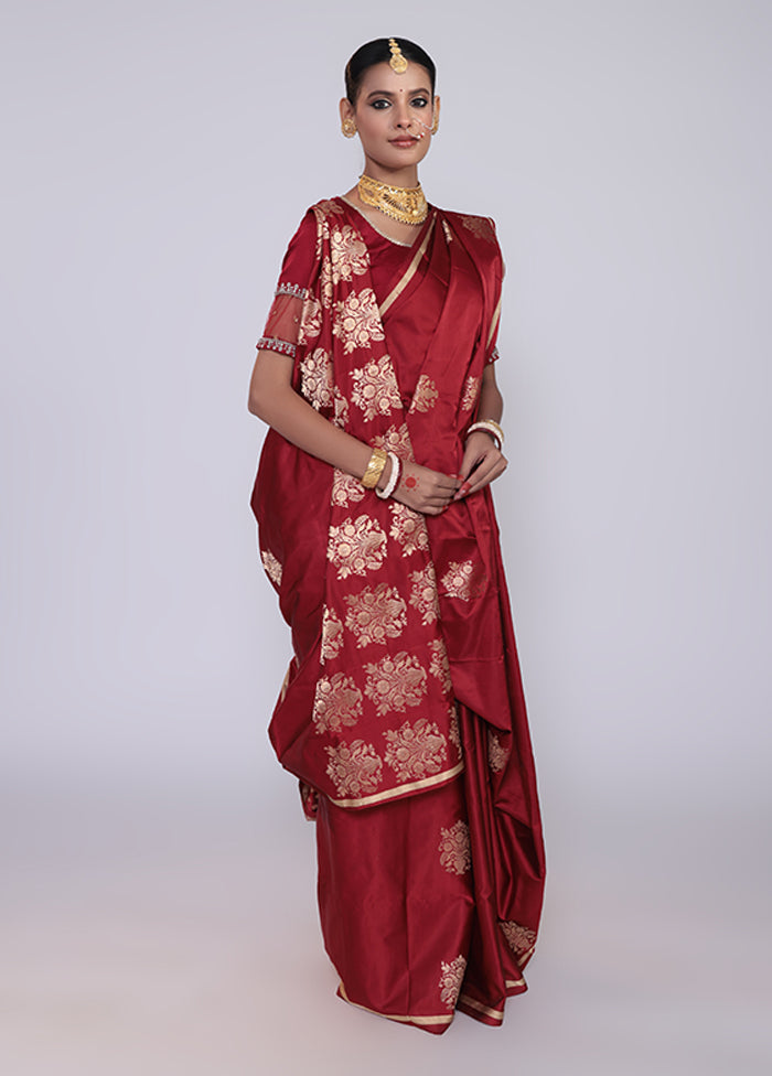 Maroon Handloom Katan Pure Silk Saree With Blouse Piece