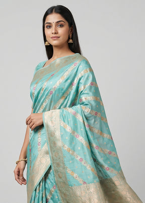 Blue Handloom Katan Pure Silk Saree With Blouse Piece