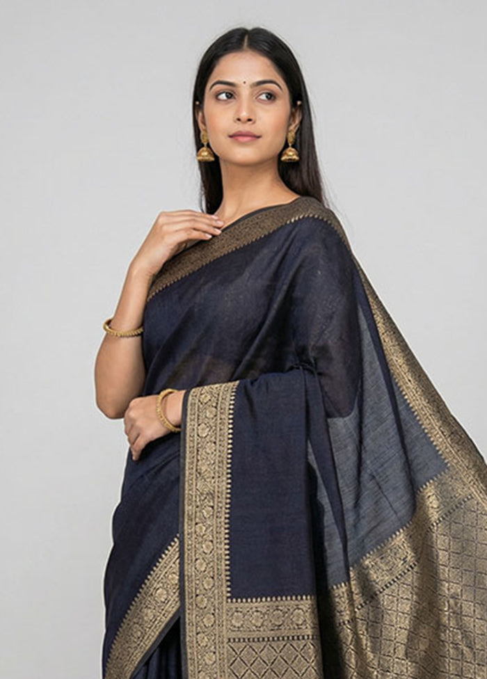 Black Dupion Silk Saree With Blouse Piece
