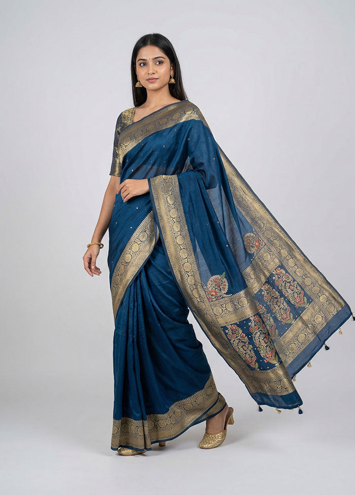 Blue Dupion Silk Saree With Blouse Piece