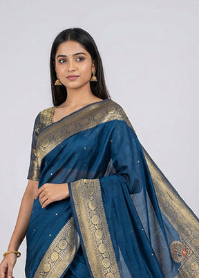 Blue Dupion Silk Saree With Blouse Piece