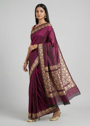 Maroon Handloom Banarasi Pure Silk Saree With Blouse Piece