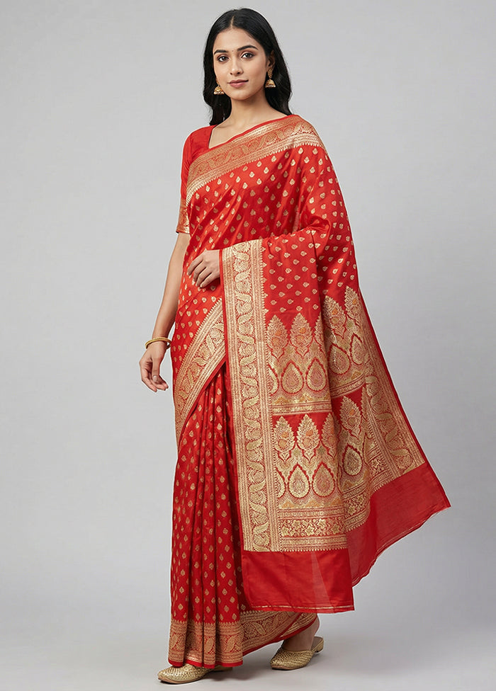 Red Handloom Banarasi Pure Silk Saree With Blouse Piece
