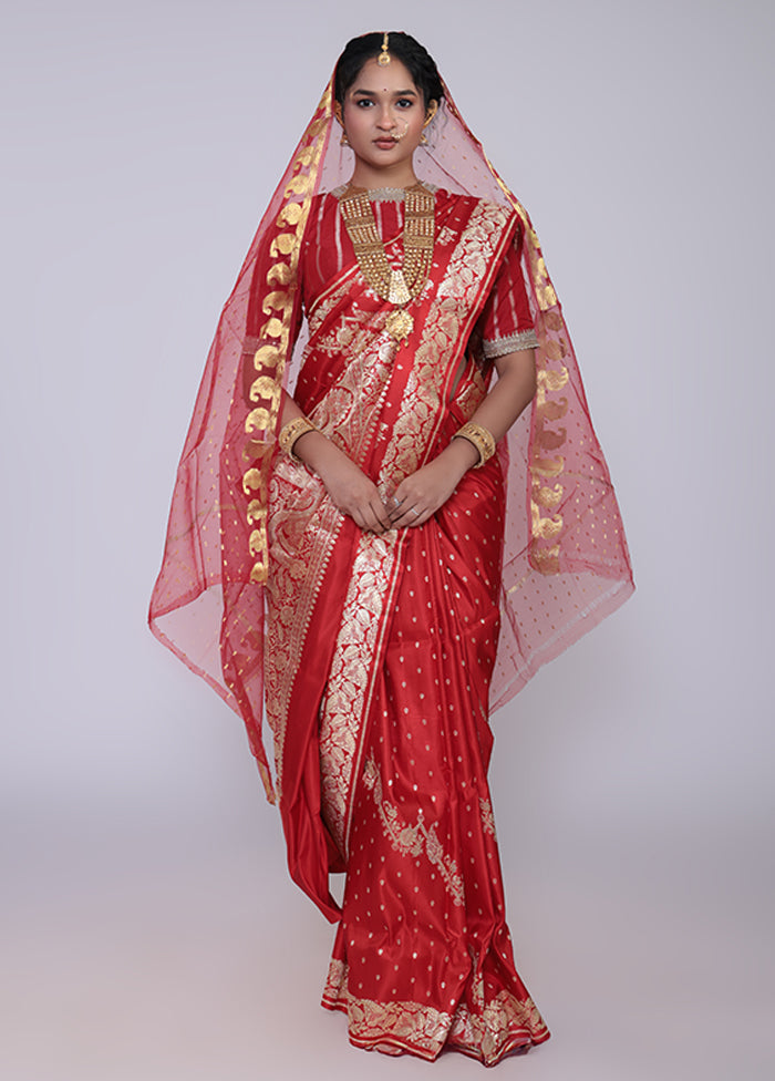 Red Handloom Banarasi Pure Silk Saree With Blouse Piece