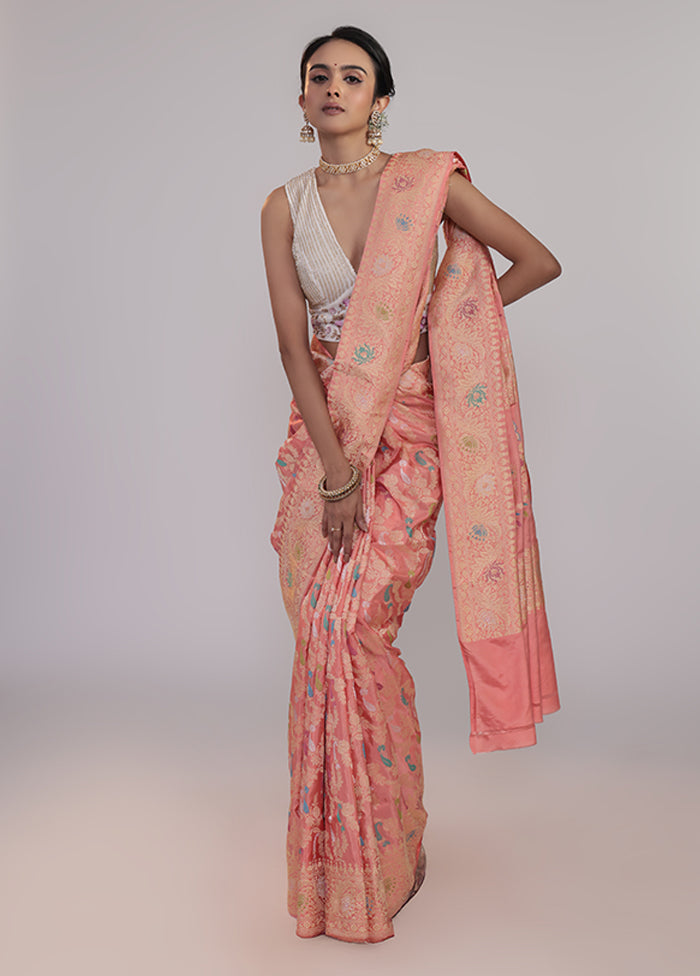 Peach Handloom Katan Pure Silk Saree With Blouse Piece