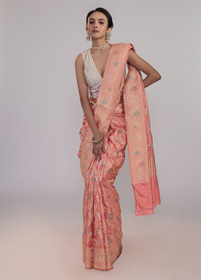 Peach Handloom Katan Pure Silk Saree With Blouse Piece