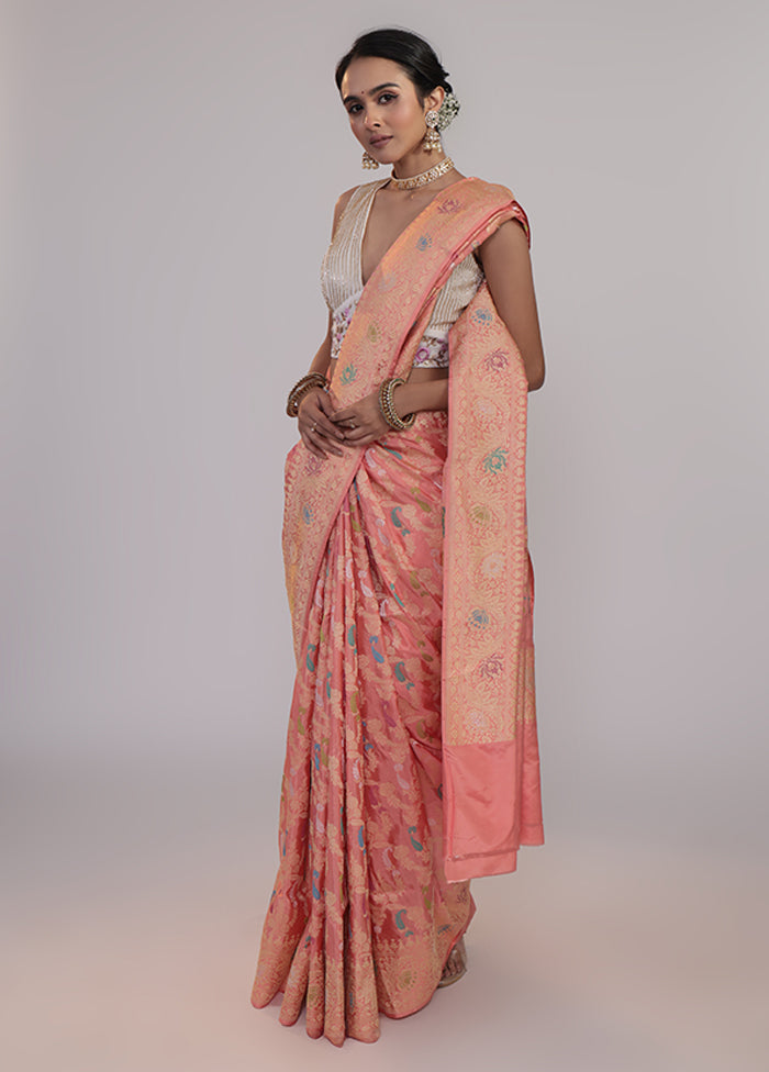 Peach Handloom Katan Pure Silk Saree With Blouse Piece