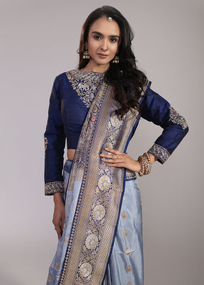 Blue Handloom Katan Pure Silk Saree With Blouse Piece
