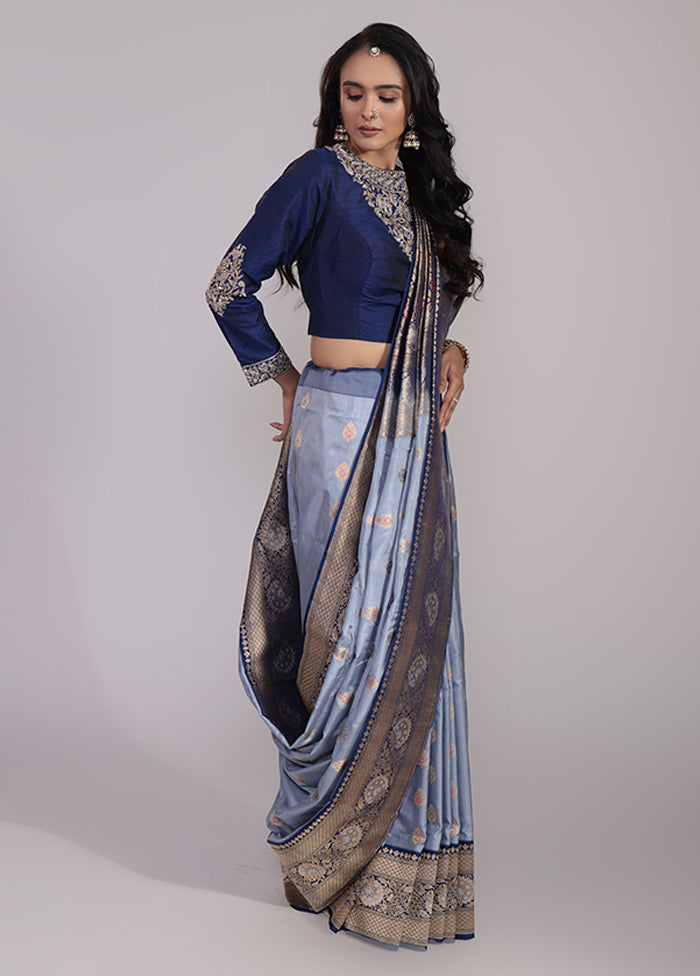 Blue Handloom Katan Pure Silk Saree With Blouse Piece