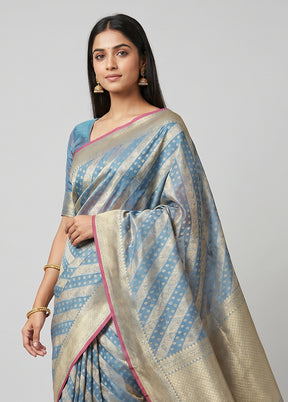Blue Kora Silk Saree With Blouse Piece