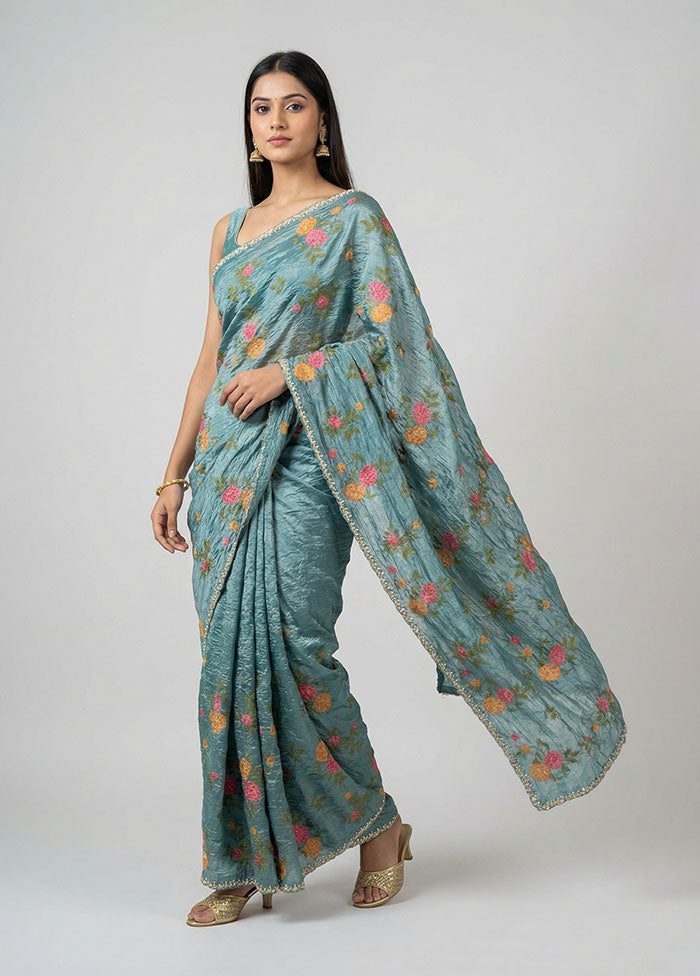 Blue Tissue Silk Saree With Blouse Piece