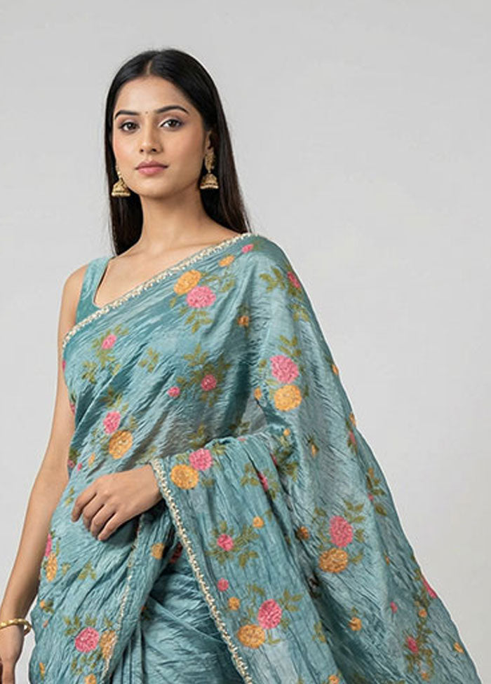 Blue Tissue Silk Saree With Blouse Piece