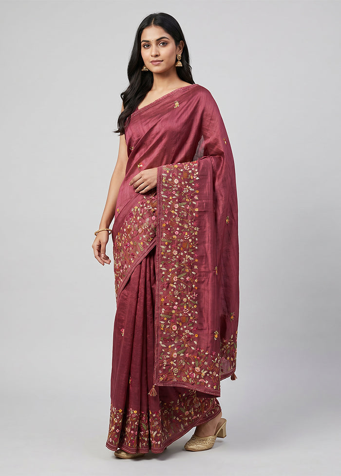 Maroon Tussar Silk Saree With Blouse Piece
