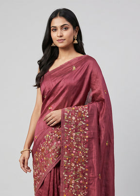 Maroon Tussar Silk Saree With Blouse Piece