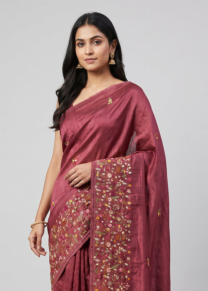 Maroon Tussar Silk Saree With Blouse Piece