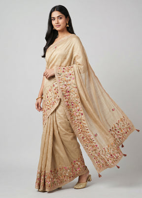 Cream Tussar Silk Saree With Blouse Piece