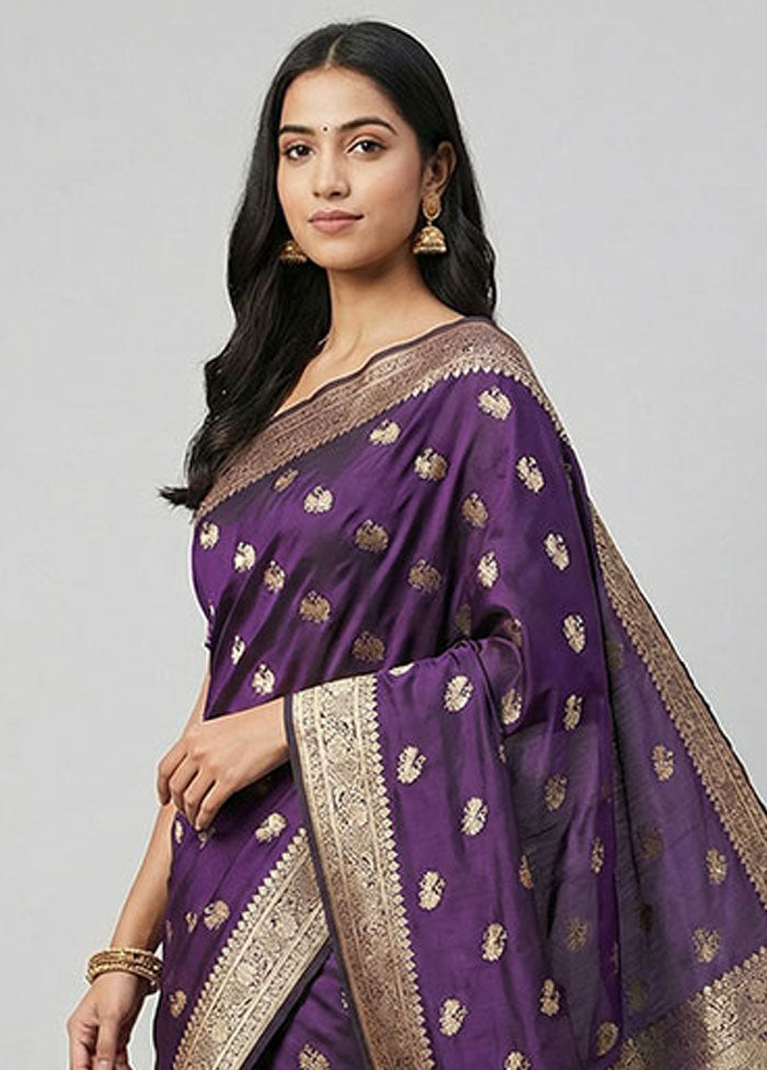 Purple Banarasi Silk Saree With Blouse Piece