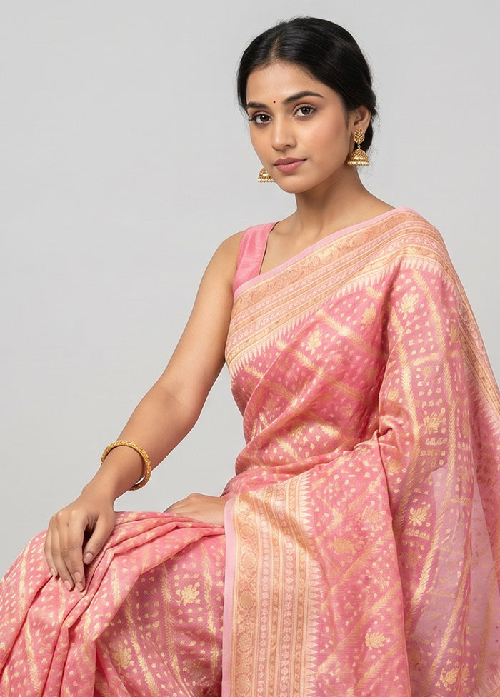 Pink Kora Silk Saree With Blouse Piece