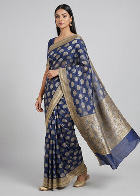 Blue Kora Silk Saree With Blouse Piece